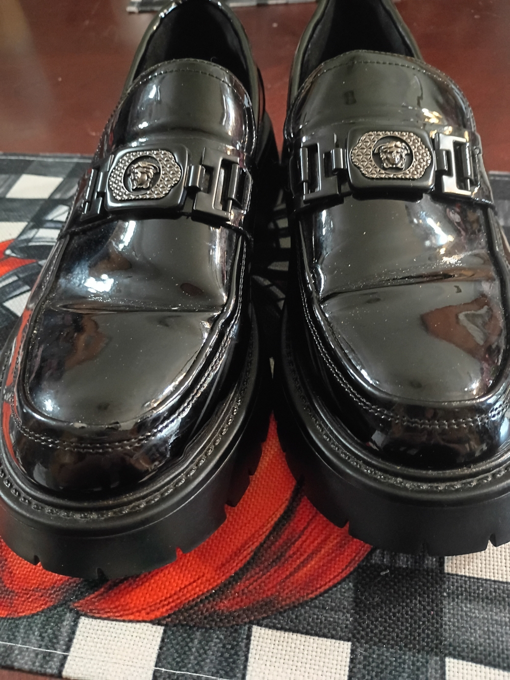 Men's Black Patent Leather Slip-On Loafers with Decorative Buckle